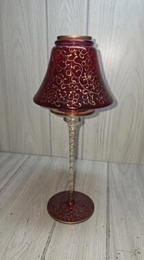 Vtg Ruby Red Gold Romanian Tall Tea Light Mouth Blown Hand Decorated Victorian